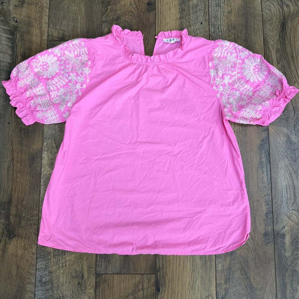 THML Women’s Medium Hot Pink Embroidered Puff Sleeve Blouse